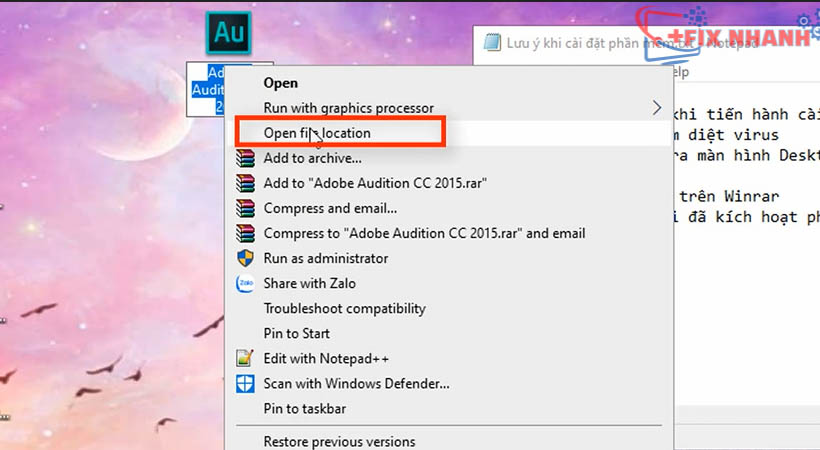 Mở vị trí file Adobe Audition 2015
