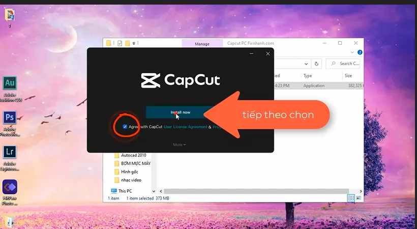 Tiến hành tích chọn đồng ý điều khoản và chọn install capcut.