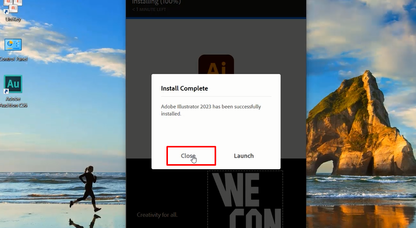 Chọn Close hoàn thành cài đặt Adobe Illustrator 2023.