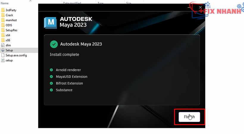 Tiến hành chọn Finish kết thúc cài đặt Autodesk Maya 2023.