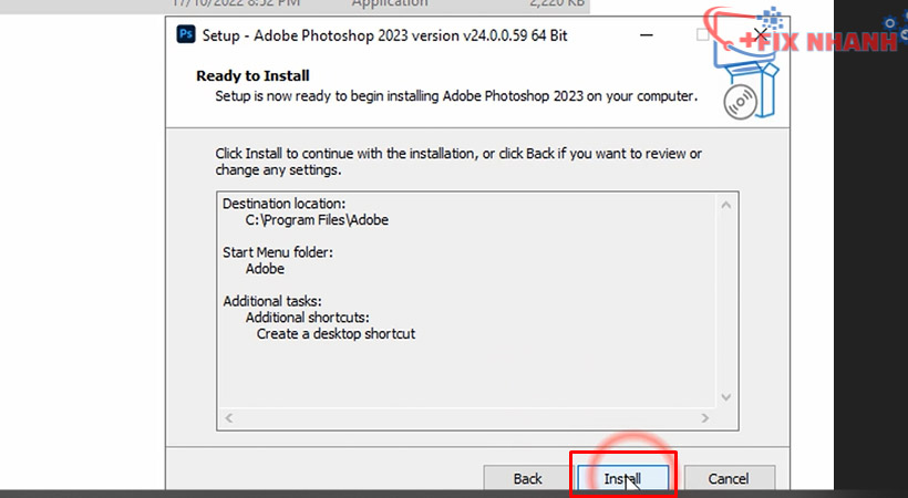 Tiến hành chọn Install Adobe Photoshop 2023.