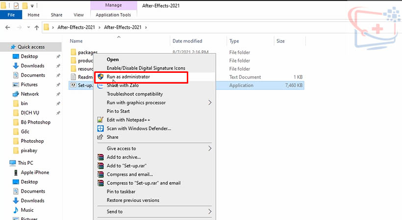 Khởi chạy file Set Up như hình để cài đặt After Effects 2021.