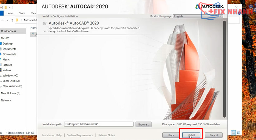 Tiến hành chọn Install Autocad 2020