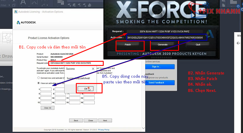 Làm lần lượt theo các bước như hình để kích hoạt Autocad 2020.