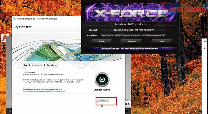 Tiến hành chọn Finish. Hoàn thành kích hoạt Autocad 2017.