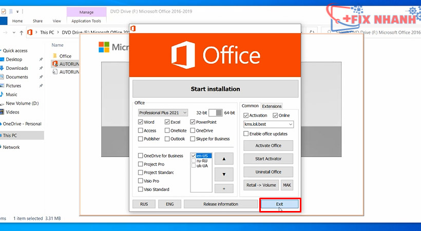 Chọn Exit. Hoàn thành cài đặt Office 2021.