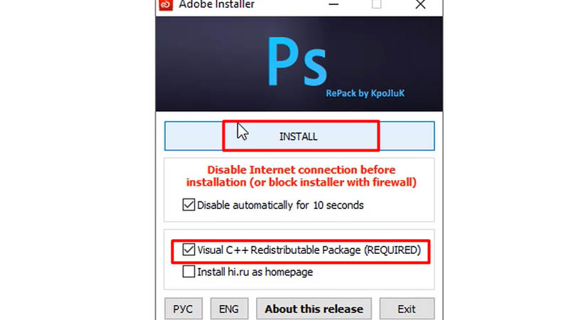 Tích chọn như hình sau đó chọn Install để cài Photoshop 2019.