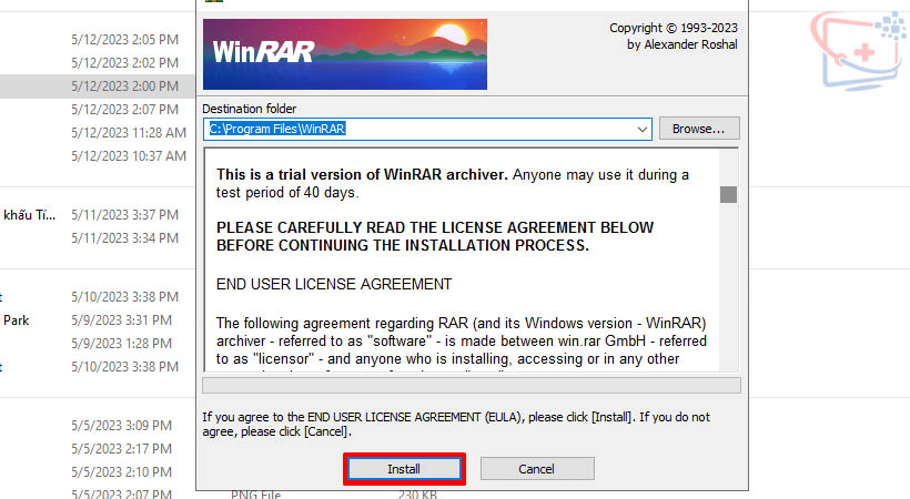 Tiến hành chọn Install để cài WinRAR.