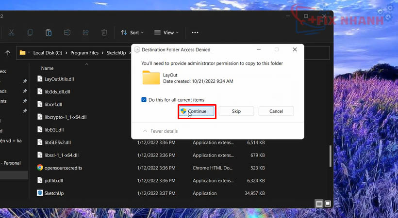 Chọn Continue. Hoàn thành cài đặt Sketchup 2022.