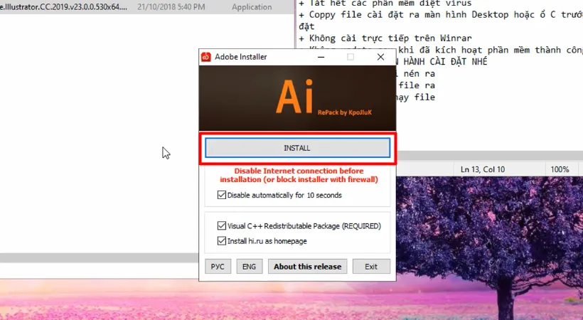 Tiến hành chọn Install để cài adobe illustrator 2019.
