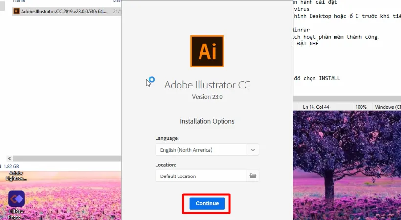 Chọn Continue để cài adobe full crack 2019.