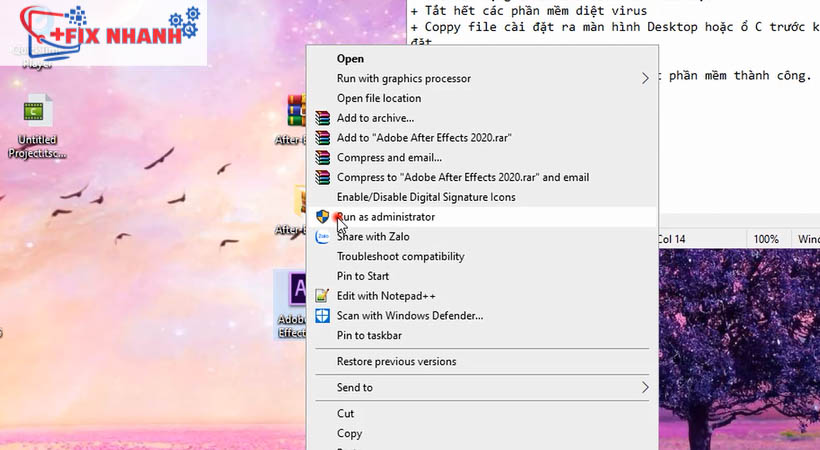 Sau đó chạy file download after effects 2020 vừa tải về bằng run as administrator