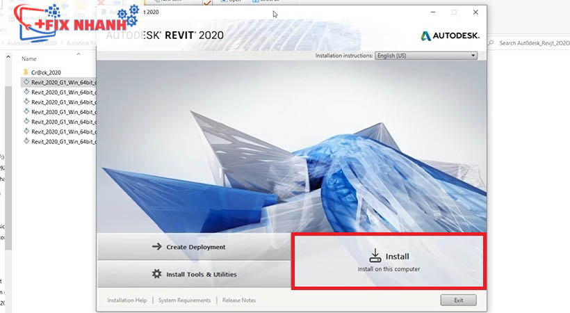 Nhấn mục install để tải Autodesk revit 2020