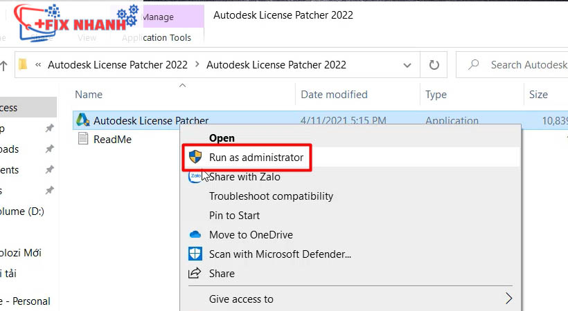 Chạy file vừa giải nén được bằng run as administrator