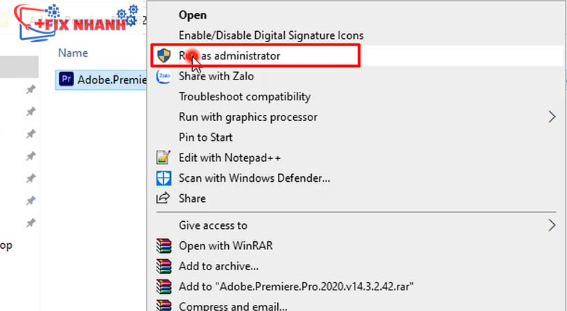 Chạy file adobe premiere 2020 bằng run as administrator