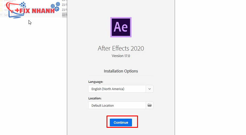 Để download after effects 2020 nhấn chuột chọn continue 