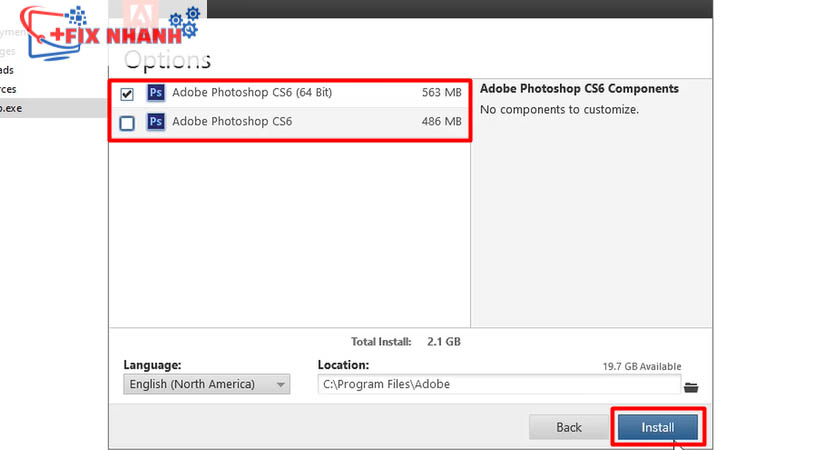 Tick như hình xong nhấn chọn install tải photoshop CS6