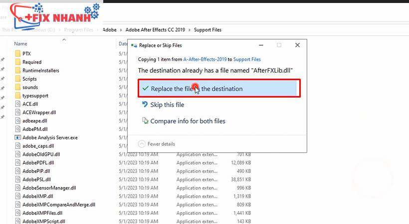 Nháy chuột chọn replace để cài đặt after effects 2019