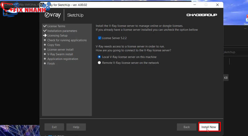 Tiếp tục chon install now để tải vray 4 for sketchup 2017