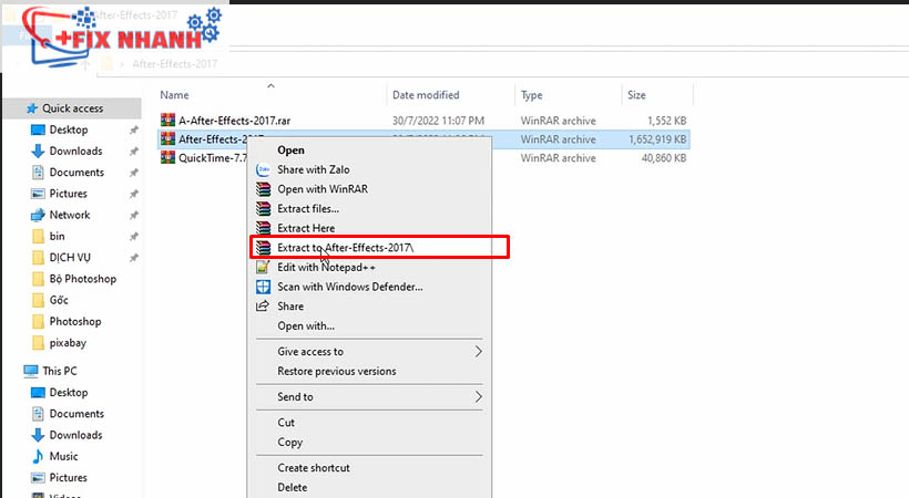 Tiếp tục giải nén file after effects 2017 bên trong bằng extract to