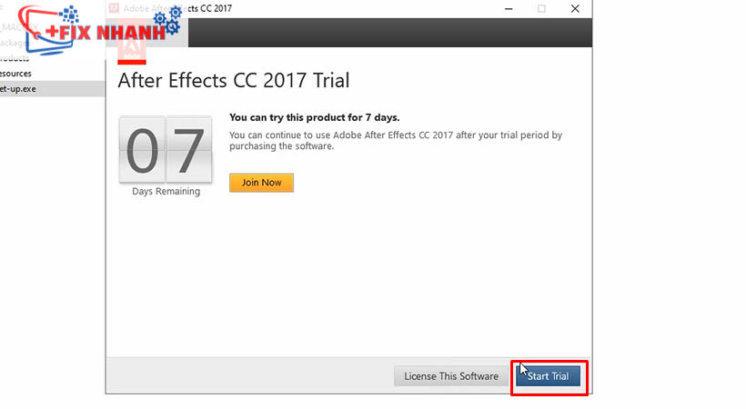  tải after effects 2017 tiếp tục nhấn chọn start trial