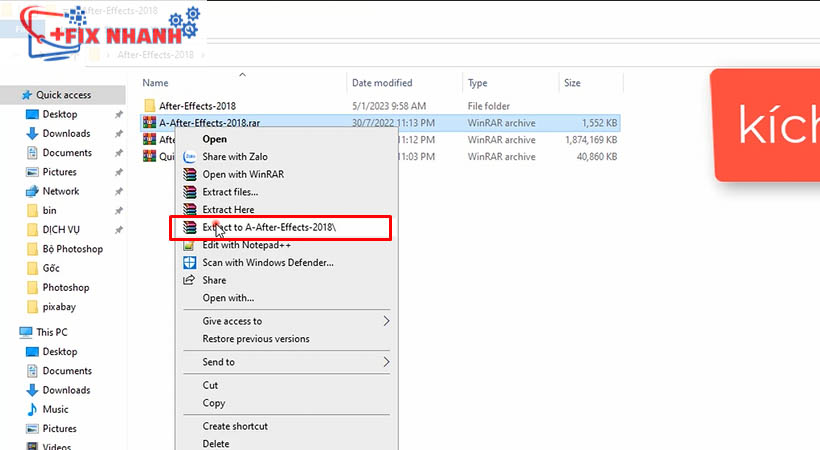 Kích hoạt file adobe after effects 2018 rar bằng extract to