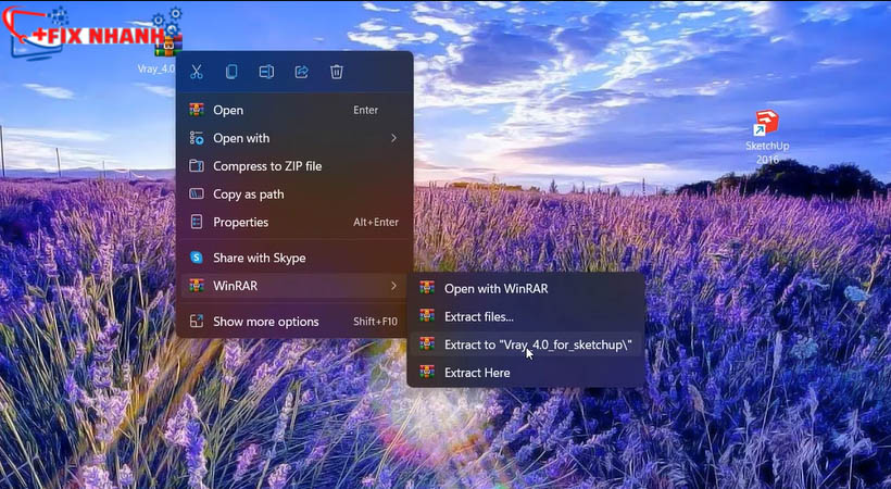 Giải nén file Vray 4 for sketchup 2016 bằng cách nhấn chuột phải chon extract to Vray 4 skecthup 2016