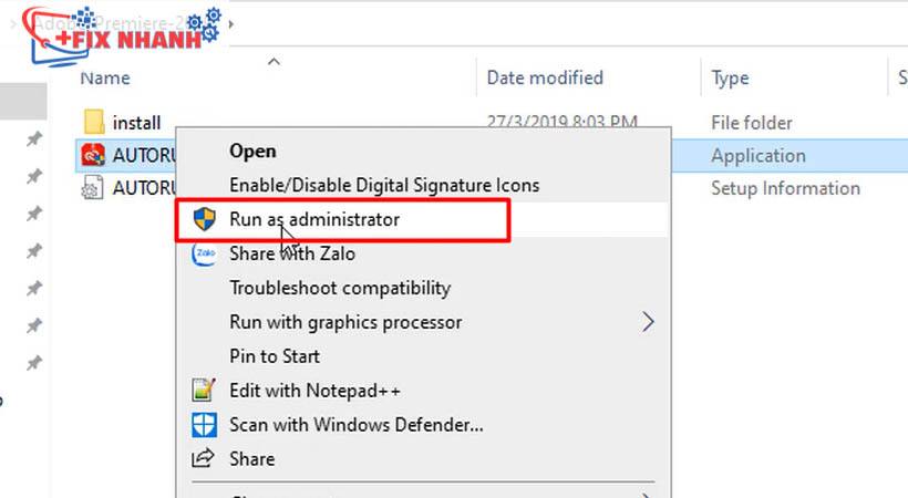Khởi chạy file autorun.exe như hình để cài đặt premiere 2019