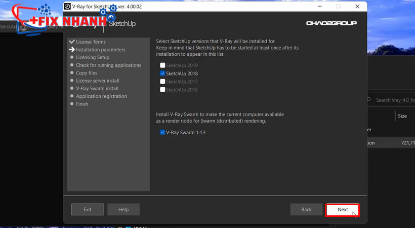 Nhấn next để tiếp tục tải vray 4 for sketchup 2018