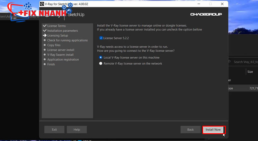 Để tiếp tục tải vray 4 for sketchup 2018 chọn install now