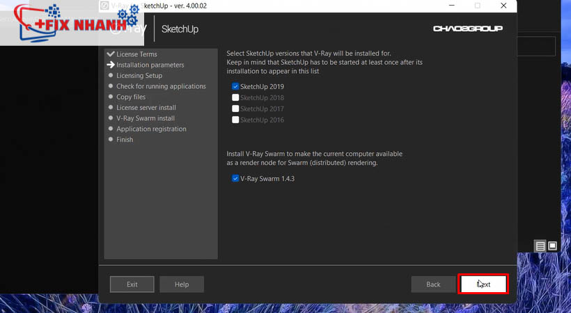 Chọn next tải vray 4 for sketchup 2019