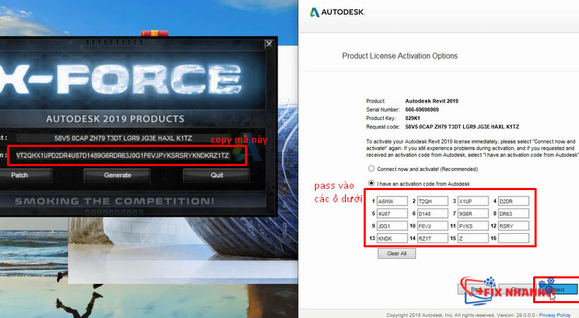 Copy Activation rồi Paste vào các ô bên dưới và chọn Next