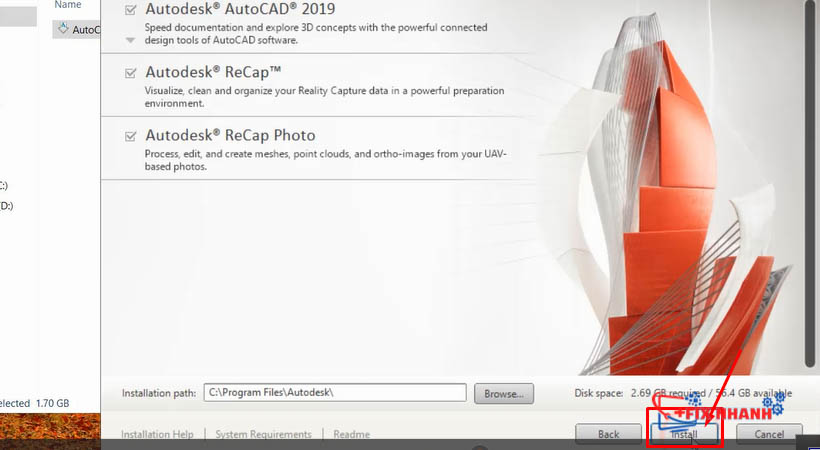 Tiếp tục chọn install để tải autocad 2019