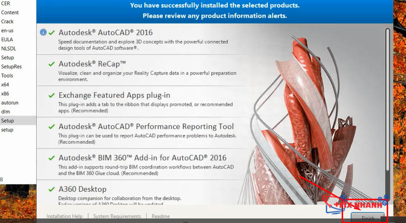hoàn tất cài đặt AutoCad 2016 .nhấn Finish 