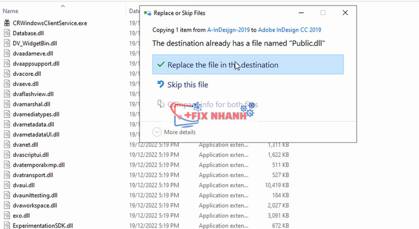 chọn replace để tiếp tục tải indesign 2019