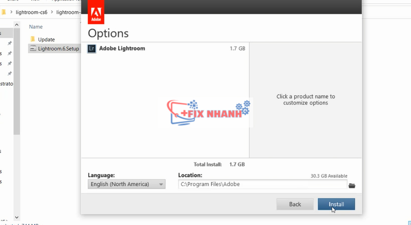 chọn Install để tiến hành cài đặt lightroom cs6