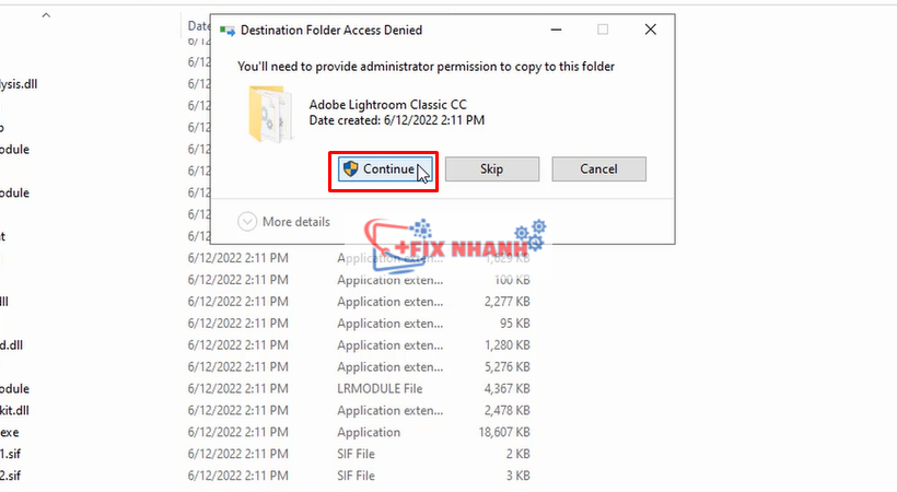 Chọn Continue để tiếp tục cài lightroom 2019