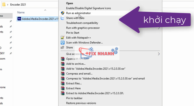 khởi chạy file dưới quyền admin