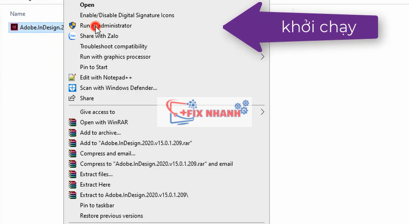 Khởi chạy File indesign 2020 dưới quyền admin