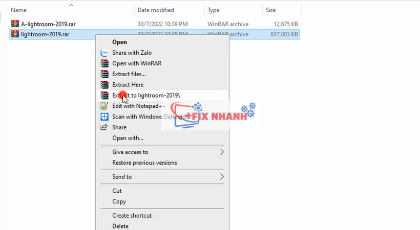 giải nén file cài đặt lightroom 2019 như hình 