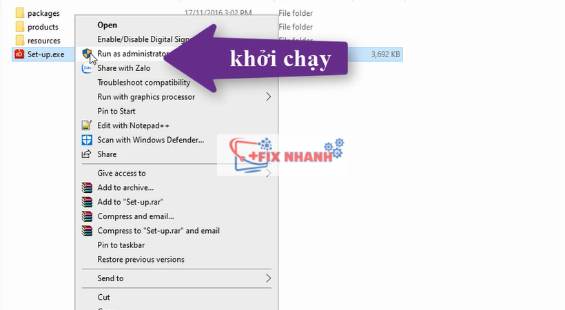 khởi chạy file dưới quyền admin