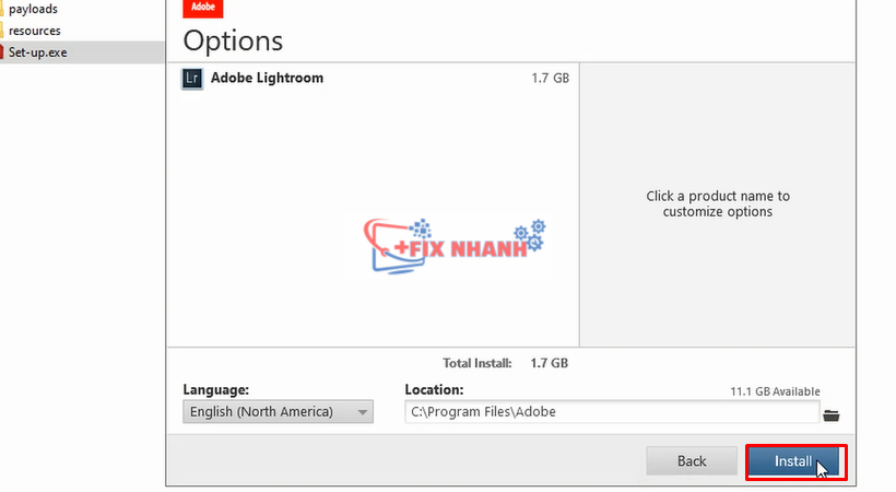 chọn install để cài đặt lightroom 2017